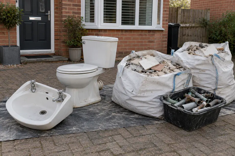 Old toilet, basin and bags of tile rubble from a bathroom refit