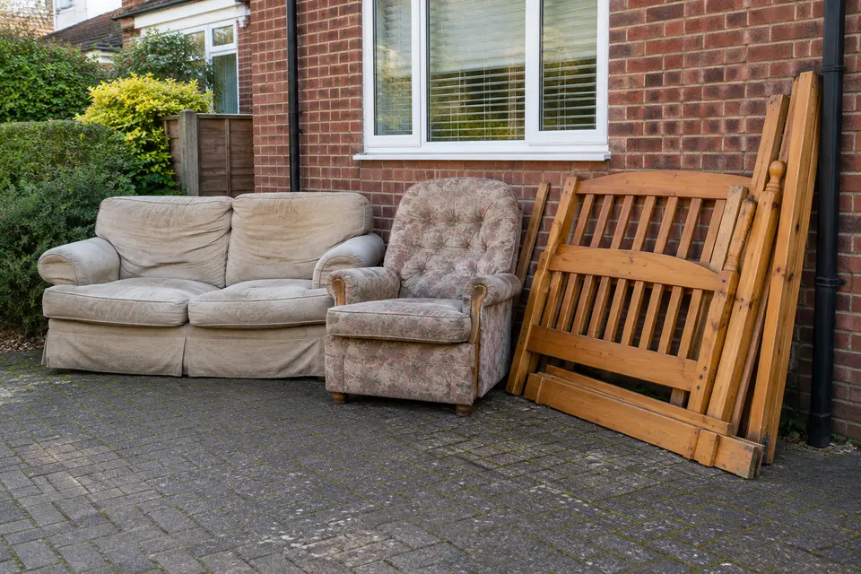 Old fabric sofa, armchair and wooden bed frame put out for bulky furniture collection