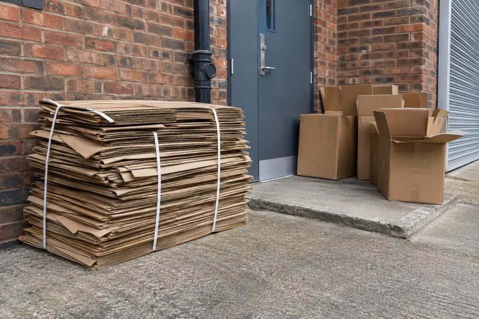 Flattened cardboard and boxes stacked outside a business back door