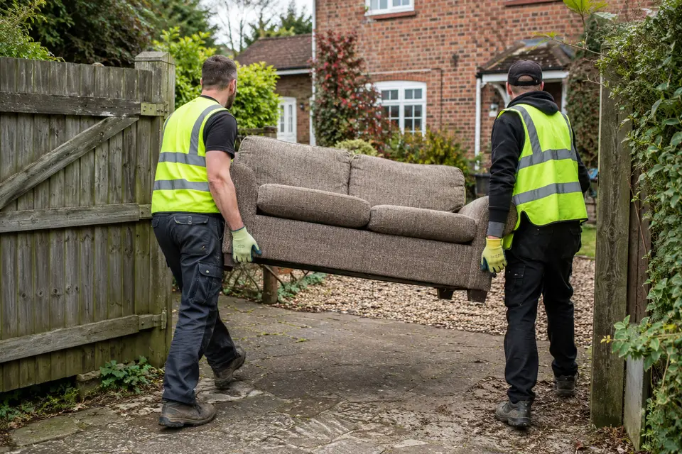 Two workers carrying an old sofa down a garden path to the van