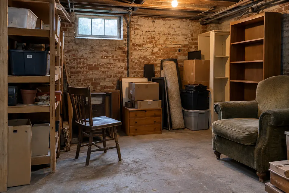 Cellar storage room full of shelving, boxes and an old armchair