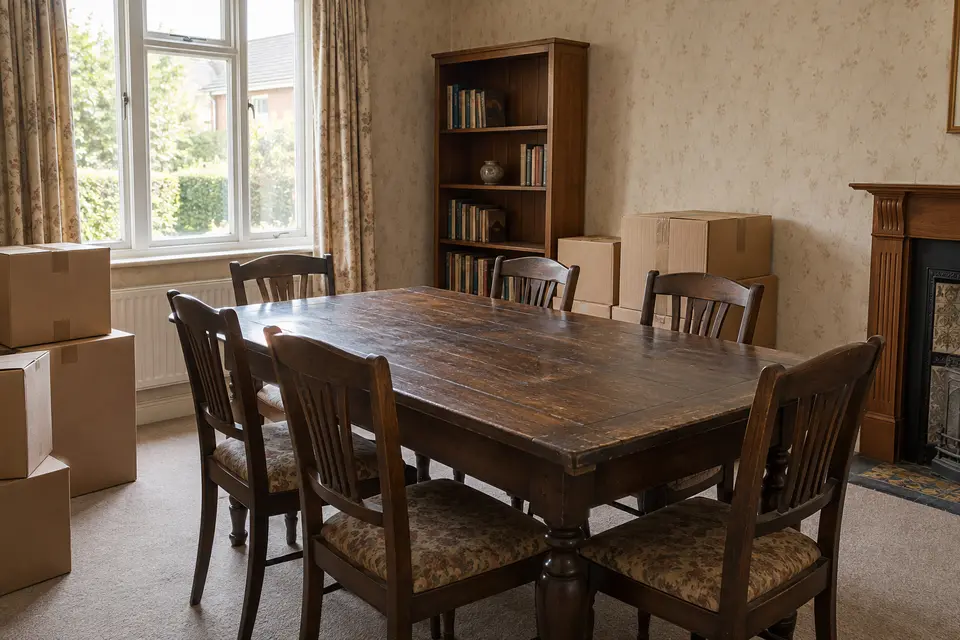 Dining room with wooden table, chairs and bookcases ahead of an estate clearance