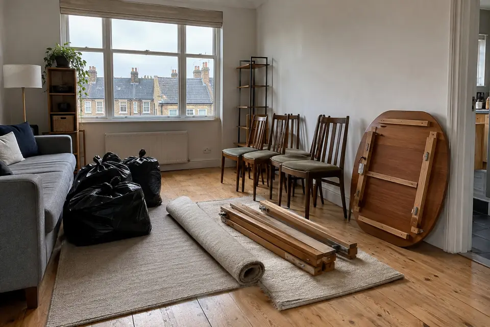 Flat interior with bin bags, a rolled rug and dismantled furniture ready to go