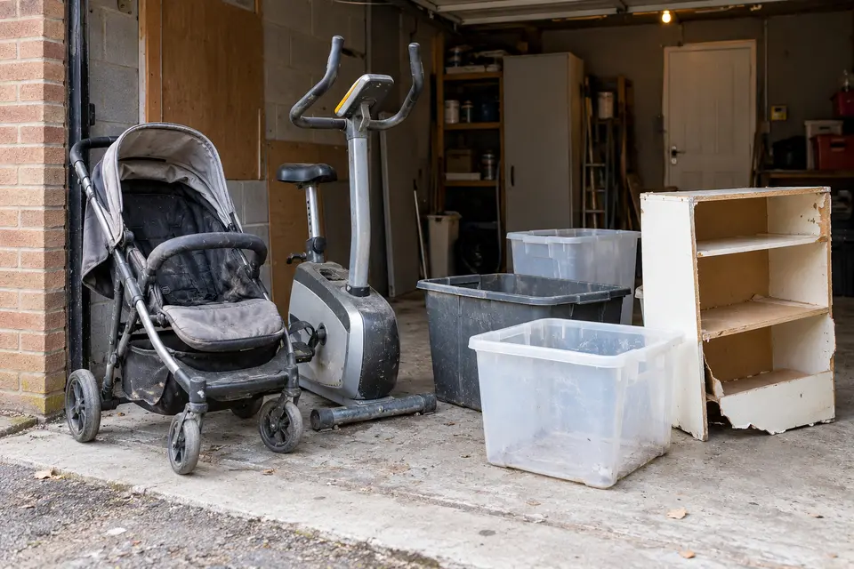 Garage with a pram, exercise bike and storage boxes ready for collection