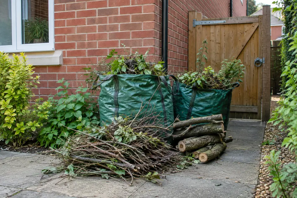 Bags of green waste and sawn logs by a side gate ready for collection