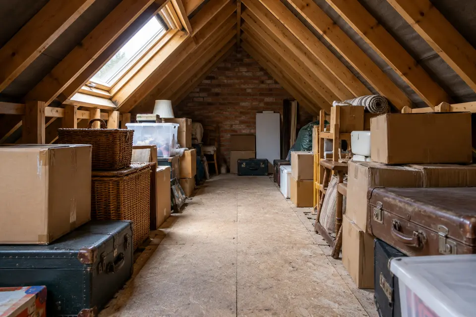 Loft space crammed with boxes, cases and old furniture before a loft clearance