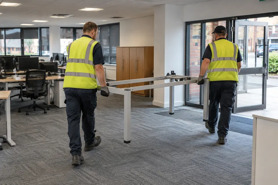 Two workers in hi-vis carrying office desks out during a clearance