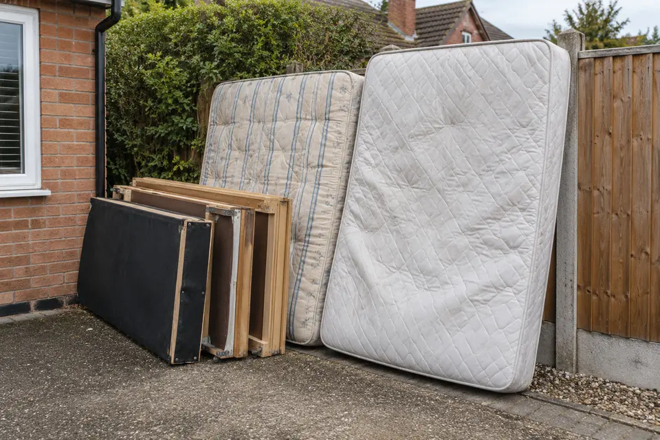 Old mattresses and a headboard propped against a fence for collection