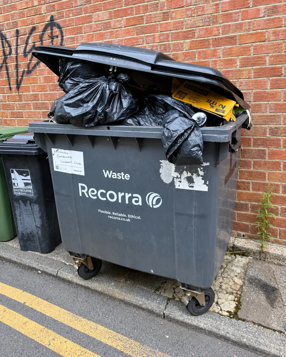 Before: an overflowing commercial waste bin in a back street