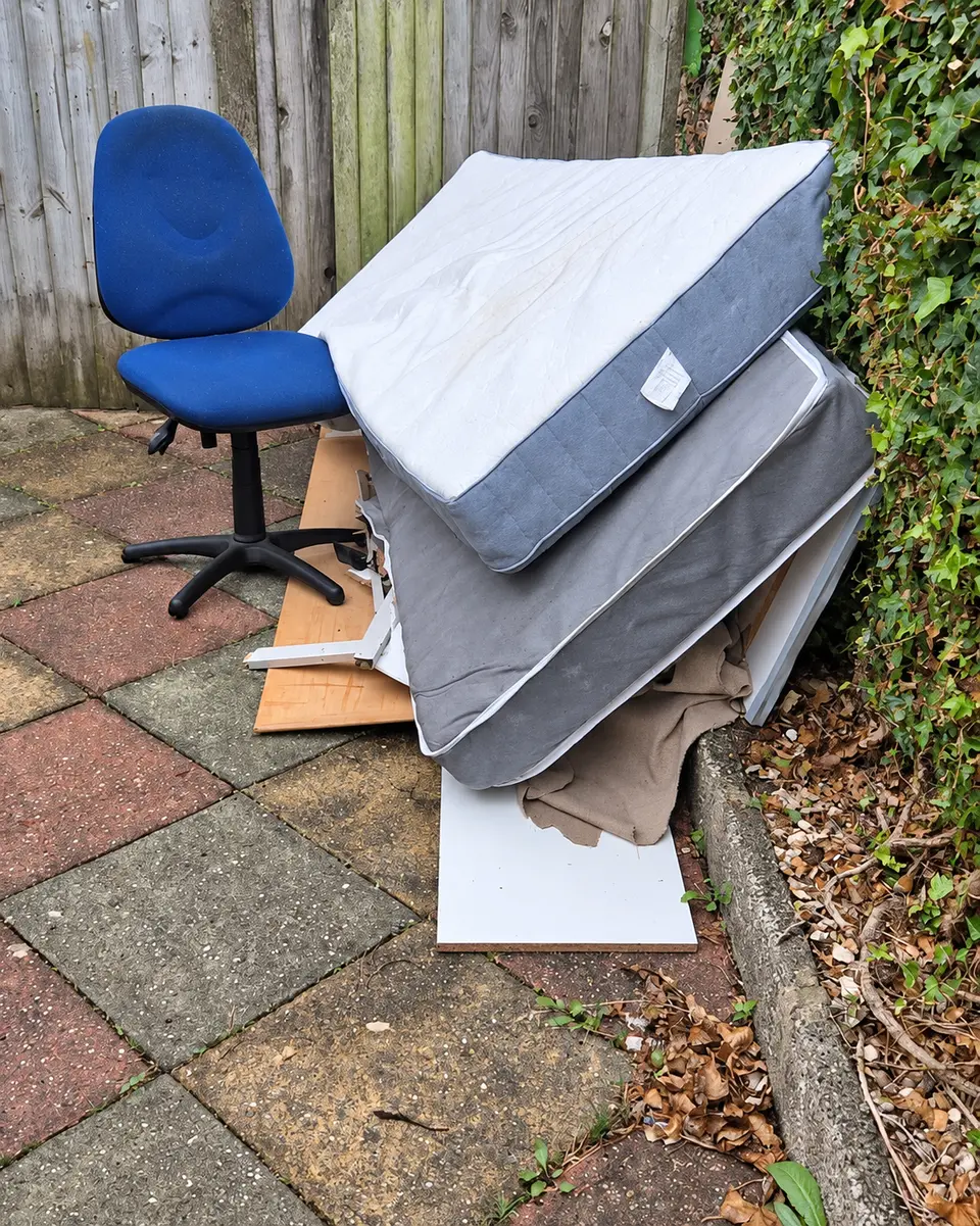 Before: a mattress and an office chair dumped on a small patio