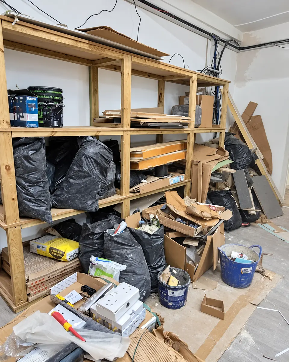 Before: storage shelving loaded with bags, tins and boxes