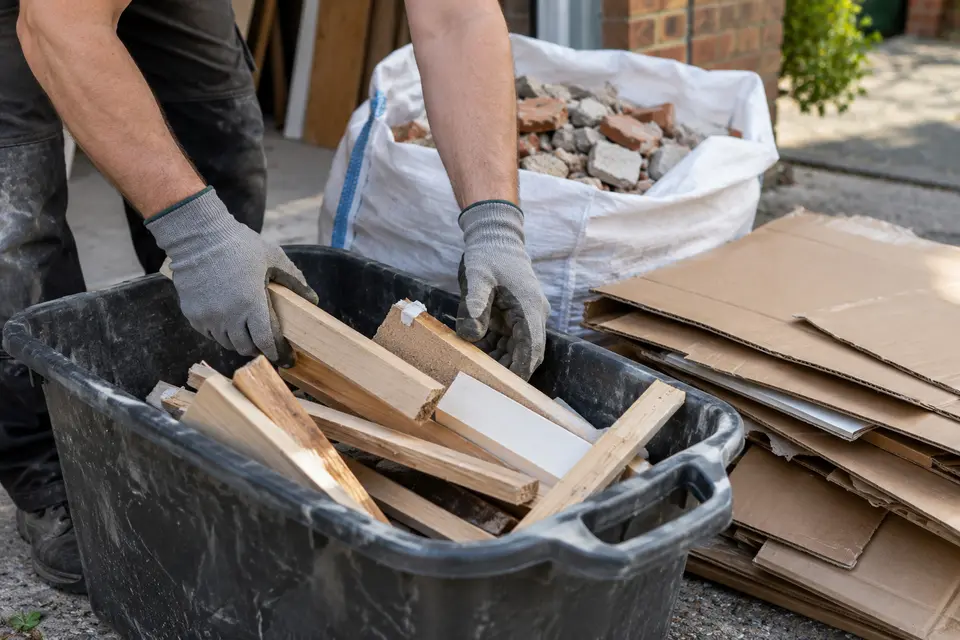 Gloved hands sorting timber offcuts and cardboard for recycling