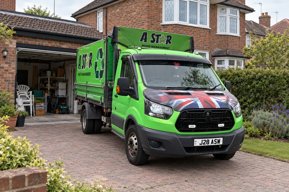 A Star tipper van parked outside an open garage full of boxes and household clutter
