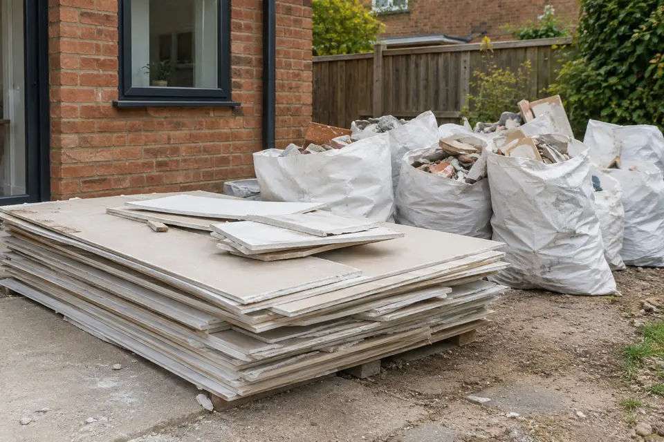 Stack of waste plasterboard sheets and bagged offcuts on a driveway